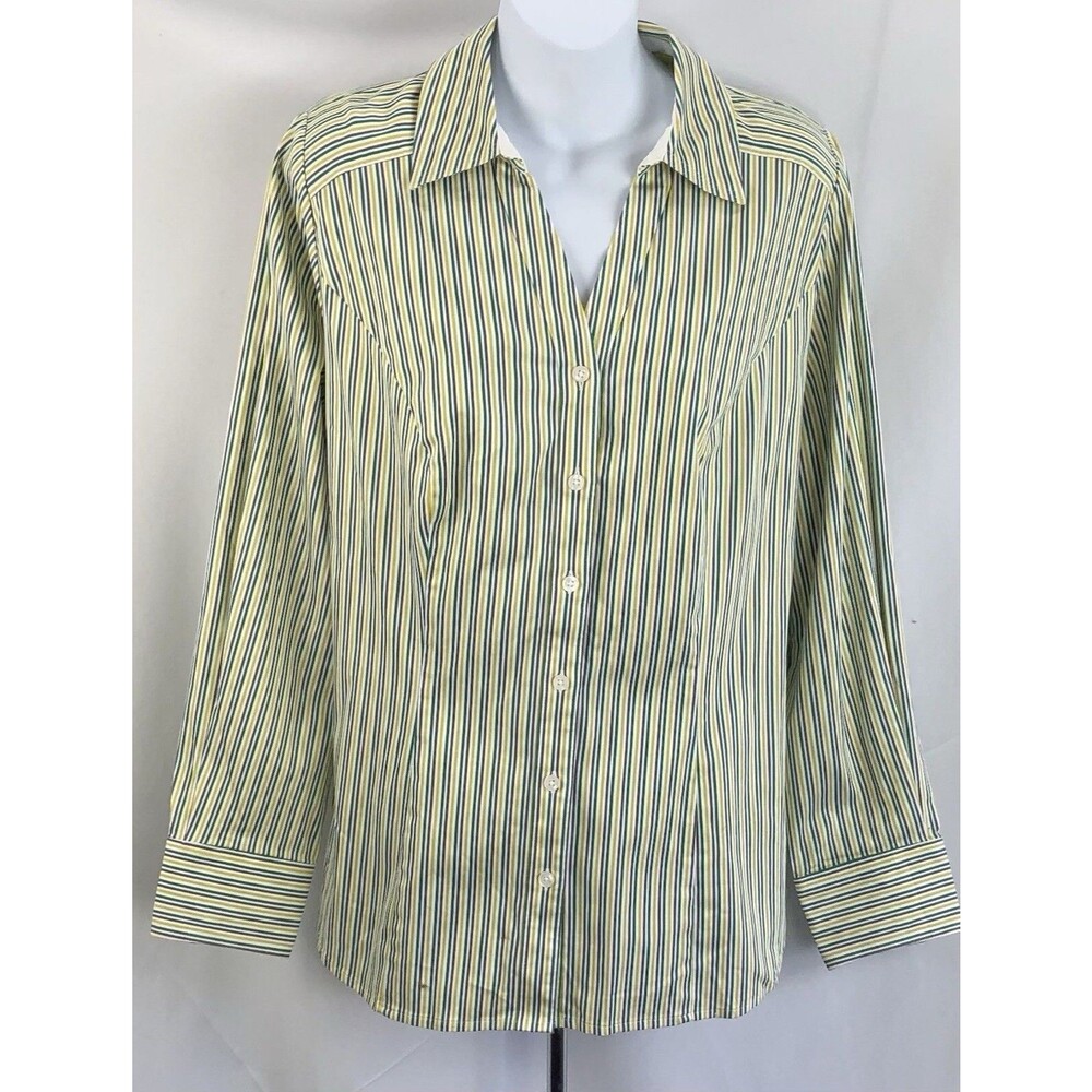Lane Bryant button up top 14 green yellow stripe V-neck collar 2000 classic Y2K